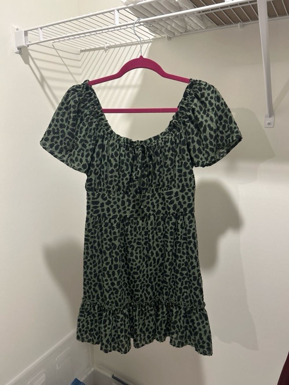Green Leopard Print Puff Sleeve Mini Dress